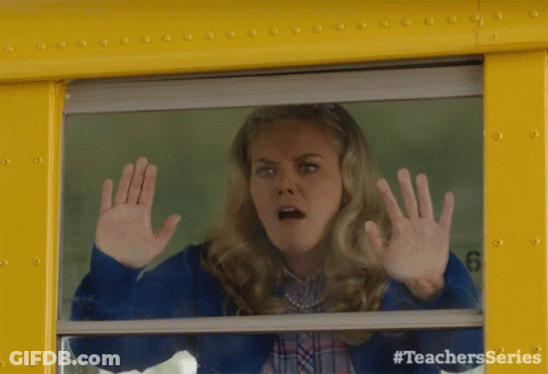 A Woman Is Looking Out Of A Bus Window With #Teachersseries On The Bottom GIF