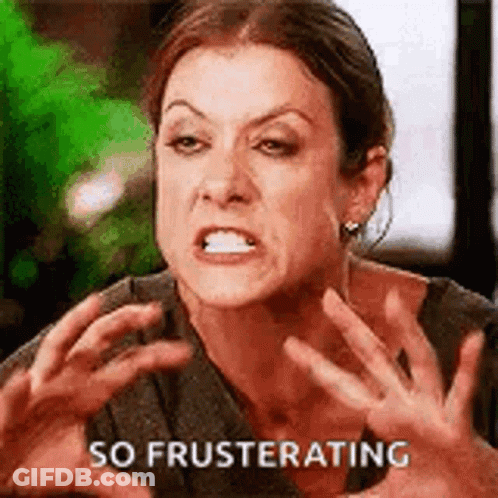 A Woman Is Making A Face And Saying `` So Frustrating '' With Her Hands . GIF
