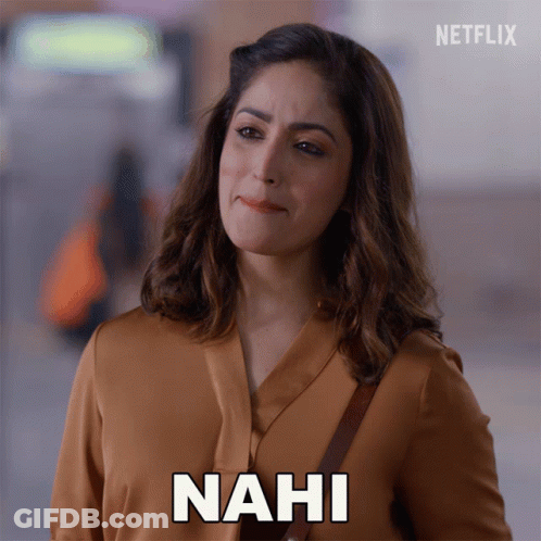 A Woman Is Making A Face And The Word Nahi Is On Her Shirt GIF
