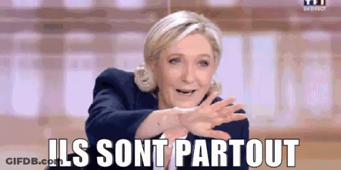 A Woman Is Making A Funny Face And Saying `` Ils Sont Partout '' With Her Hands Outstretched . GIF