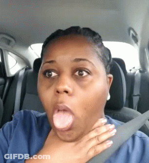 A Woman Is Making A Funny Face While Sitting In A Car With Her Hand On Her Neck . GIF