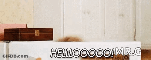 A Woman Is Peeking Out From Behind A Microwave And Says `` Hellooooo ! Mr.g '' . GIF