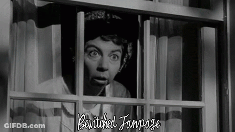 A Woman Is Peeking Out Of A Window With The Words Bewitched Fanpage Written Below Her GIF