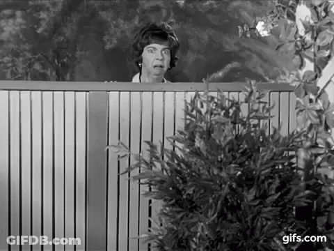 A Woman Is Peeking Over A Fence And Making A Funny Face . GIF
