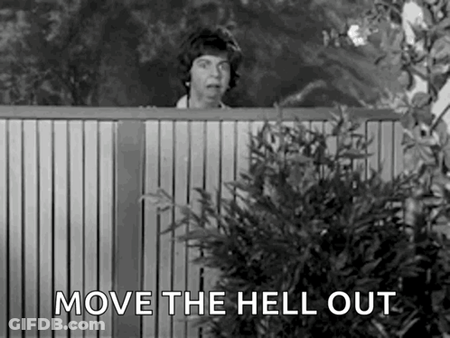 A Woman Is Peeking Over A Wooden Fence With The Words `` Move The Hell Out '' . GIF