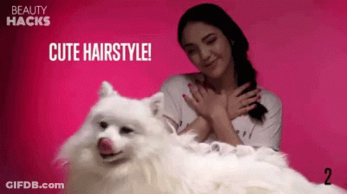 A Woman Is Petting A White Dog With The Words Cute Hairstyle Written On The Bottom GIF