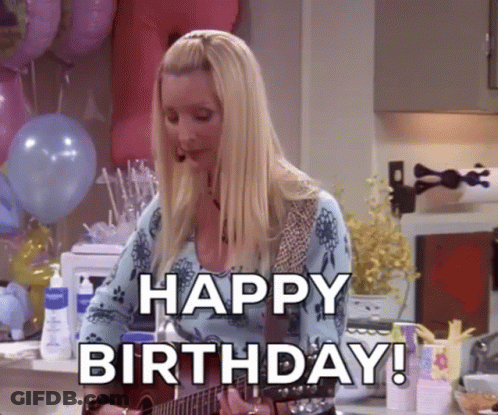 A Woman Is Playing A Guitar And Saying Happy Birthday GIF