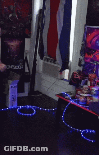 A Woman Is Playing A Video Game In A Room With A Red White And Blue Flag On The Wall GIF