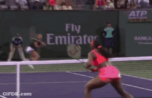 A Woman Is Playing Tennis On A Court With A Fly Emirates Banner Behind Her GIF