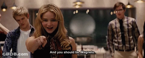 A Woman Is Pointing At A Group Of People And Says `` And You Should Be Magneto . '' GIF