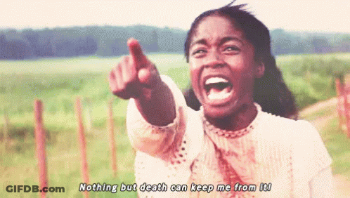 A Woman Is Pointing At The Camera And Saying Nothing But Death Can Keep Me From It GIF