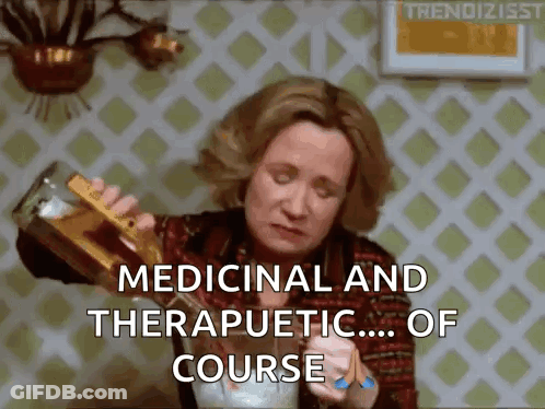 A Woman Is Pouring A Drink From A Bottle Into A Cup And Says `` Medicinal And Therapeutic ... Of Course '' . GIF