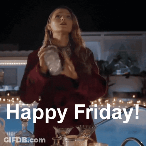 A Woman Is Pouring A Drink Into A Martini Glass With The Words Happy Friday Written On The Bottom GIF