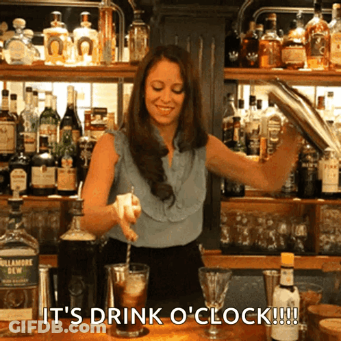 Woman Pouring Drink Saying Drink O'Clock GIF