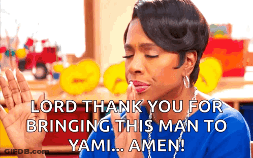 A Woman Is Praying With Her Eyes Closed And Says Lord Thank You For Bringing This Man To Yami Amen ! GIF