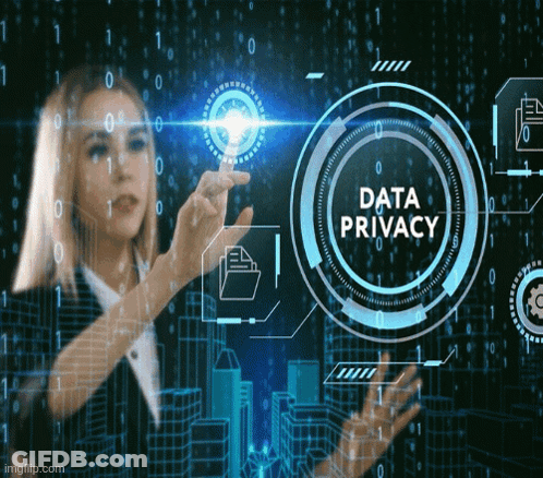 A Woman Is Pressing A Button On A Screen That Says Data Privacy GIF