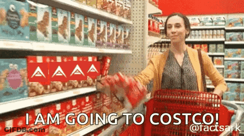 A Woman Is Pushing A Shopping Cart In A Store And Says I Am Going To Costco . GIF