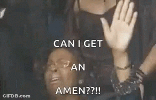 A Woman Is Raising Her Hands In The Air And Says `` Can I Get An Amen '' . GIF