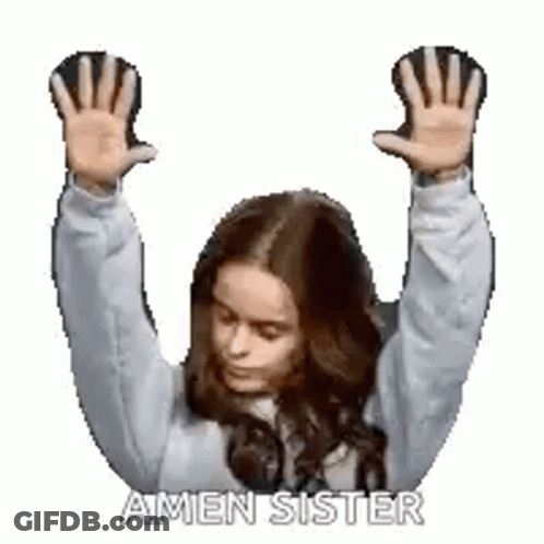 A Woman Is Raising Her Hands In The Air With The Words Amen Sister . GIF