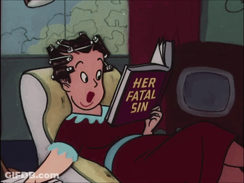 A Woman Is Reading A Book Titled Her Fatal Sin GIF
