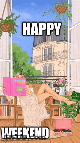 A Woman Is Reading A Magazine On A Balcony And The Words Happy Weekend Are Above Her GIF