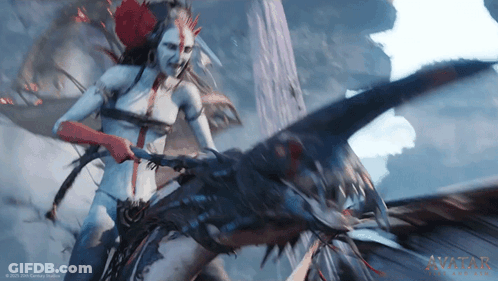 A Woman Is Riding A Dragon In A Video Game Called Avatar GIF