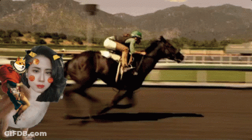 A Woman Is Riding A Horse On A Track With Mountains In The Background GIF