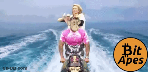 A Woman Is Riding On The Back Of A Man On A Jet Ski With The Words Bit Apes In The Corner GIF