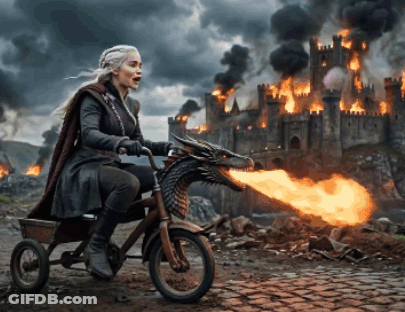 A Woman Is Riding On The Back Of A Tricycle With A Dragon Blowing Fire GIF