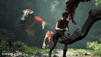 A Woman Is Running Away From A Large Dinosaur GIF