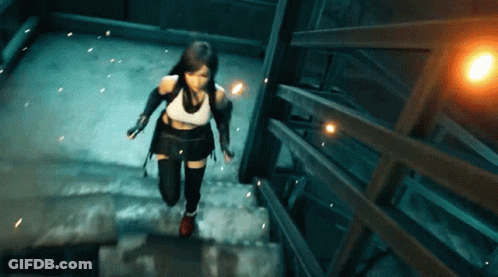 A Woman Is Running Down A Set Of Stairs In A Video Game GIF