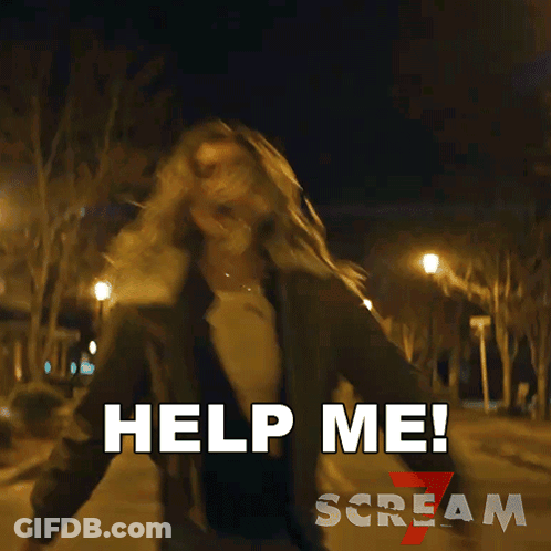 A Woman Is Running Down A Street With The Words Help Me Scream GIF