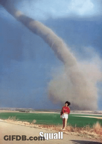 A Woman Is Running In Front Of A Tornado With Squall Written Below Her GIF