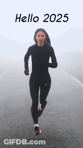 A Woman Is Running On A Road With The Words Hello 2025 Written On The Bottom GIF