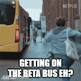 A Woman Is Running Towards A Bus With The Caption " Getting On The Beta Bus Eh ? " GIF