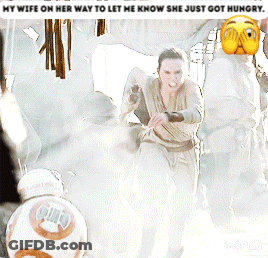 A Woman Is Running With A Bb-8 In The Background And A Caption That Says My Wife On Her Way GIF