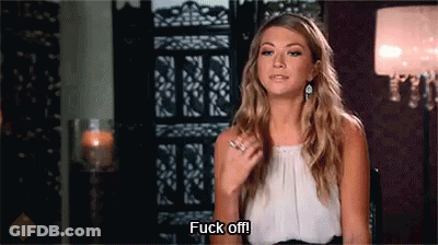 A Woman Is Saying " Fuck Off " While Sitting In A Chair GIF