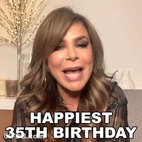 A Woman Is Saying `` Happiest 35Th Birthday '' . GIF