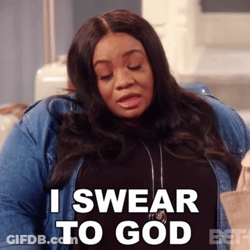 A Woman Is Saying I Swear To God While Wearing A Denim Jacket . GIF