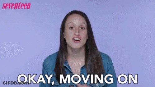 A Woman Is Saying Okay , Moving On In Front Of A Purple Background . GIF