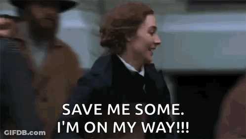 A Woman Is Saying `` Save Me Some , I 'M On My Way '' While Walking In A Crowd . GIF