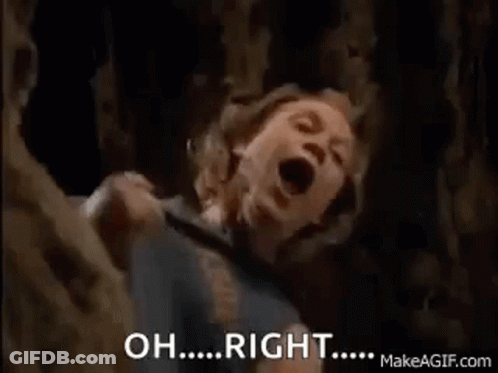 A Woman Is Screaming In A Cave With Her Mouth Open And The Words `` Oh ... Right ... '' Written On The Screen . GIF
