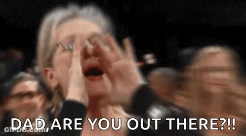 A Woman Is Screaming In A Crowd While Holding Her Hands To Her Face And Saying `` Dad , Are You Out There ? '' GIF