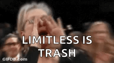 A Woman Is Screaming In A Crowd With Her Mouth Open And The Words `` Limitless Is Trash '' Written On The Screen . GIF