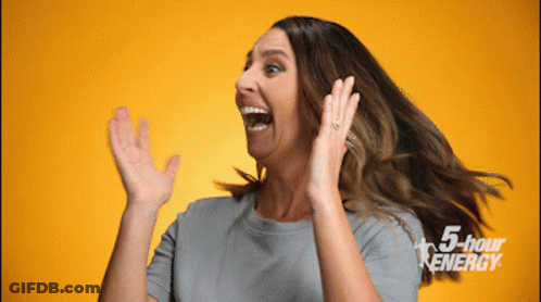 A Woman Is Screaming In Front Of A Yellow Background With 5 Hour Energy Written On It GIF