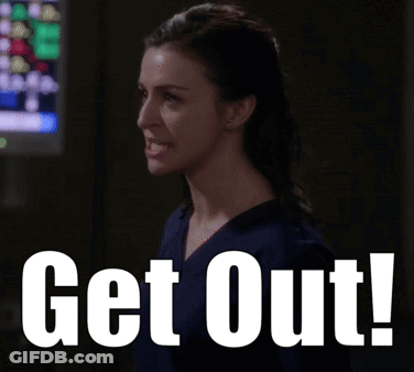 A Woman Is Screaming With The Words Get Out Written In Front Of Her GIF