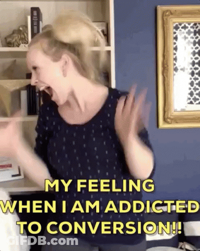 A Woman Is Screaming With The Words " My Feeling When I Am Addicted To Conversion " Behind Her GIF