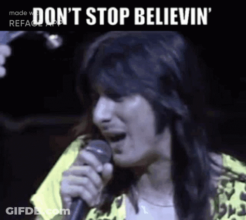 A Woman Is Singing Into A Microphone And The Words `` Do N't Stop Believin '' Are Written Above Her . GIF