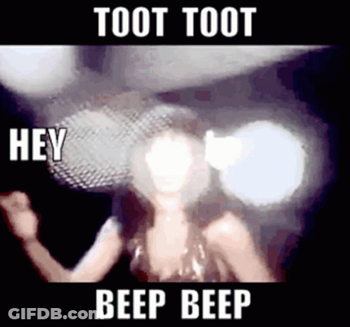 A Woman Is Singing Into A Microphone With The Words Hey Beep Beep Below Her GIF