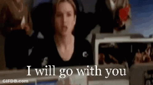 A Woman Is Sitting At A Desk With Her Arms Outstretched And The Words `` I Will Go With You '' Written Above Her . GIF